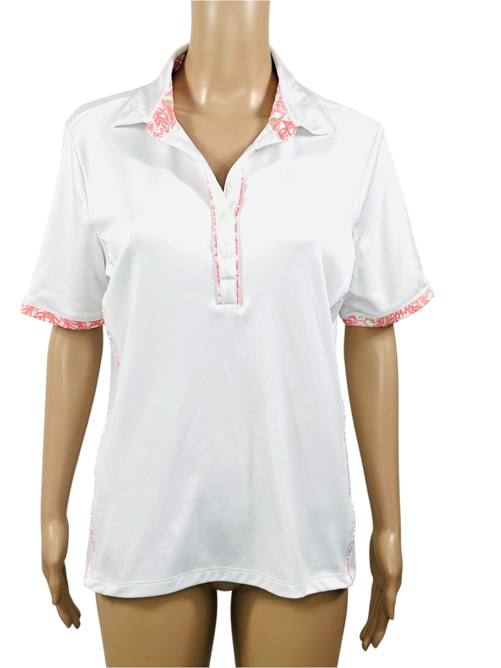 IZOD Women's Performance Golf
Polo - White with Coral Pink Floral Trim